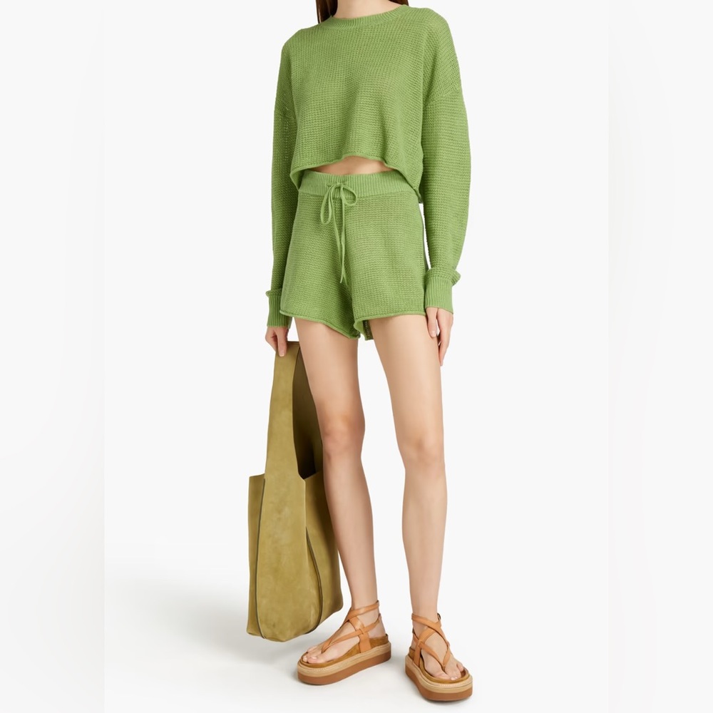 Onia Cropped linen Knit Crewneck full Set with shorts in green size :XS NWT